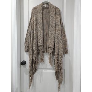 BOSTON PROPER 100% Cotton Fringed Knit Cardigan, Neutral Brown, Floral Crochet M